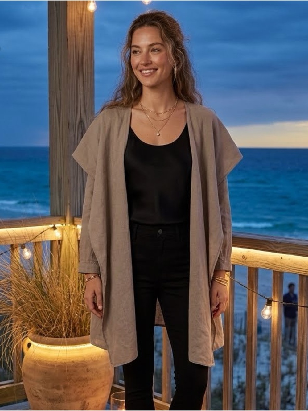 Ecru New York 100% Linen Draped Lagenlook Open Front Tunic Top - Size L